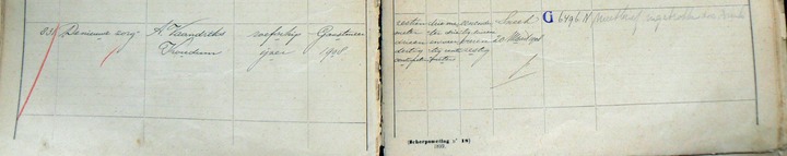 De Nieuwe Zorg's first registration entry in the Sneek ledgers in 1909 detailing her 1908 build in Gaastmeer for Age Vaandriks. 