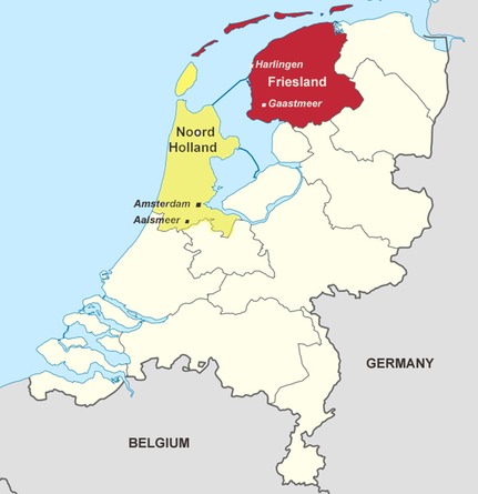 Map showing Gaastmeer, Friesland where Nieuwe Zorg was built and Aalsmeer, Noord-Holland where we bought her.